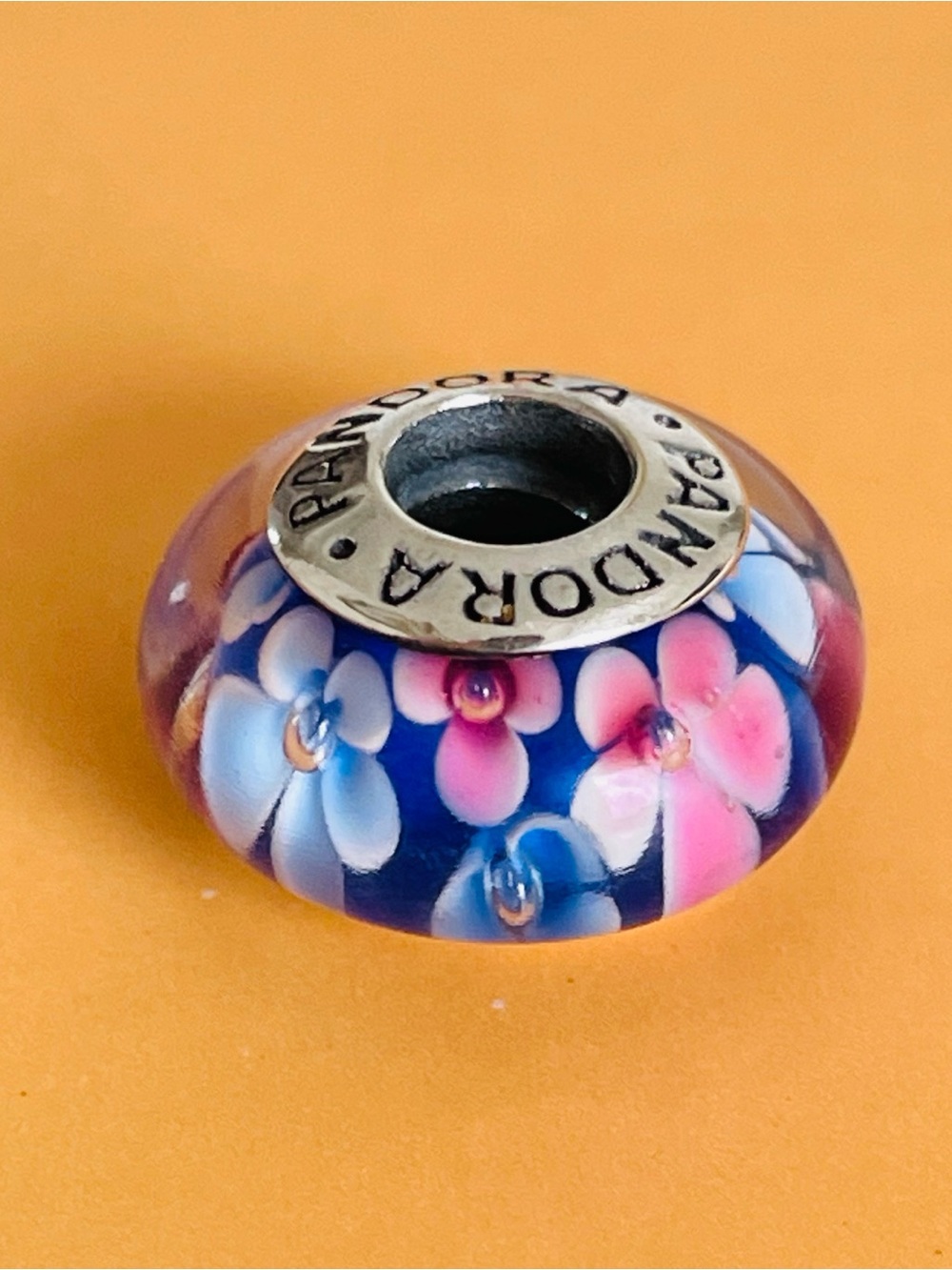 Pandora Blue Glass Charm with Pink and Light Blue Flowers